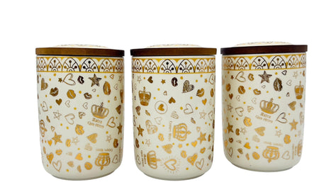 AKDC Ceramic Set of 3 Canister 1 Liter * 3 with a Wooden Lid, White and Golden Design - Al Kabayel Discount CentreAKDC Ceramic Set of 3 Canister 1 Liter * 3 with a Wooden Lid, White and Golden DesignJars & Food SaversAKDCAl Kabayel Discount Centre