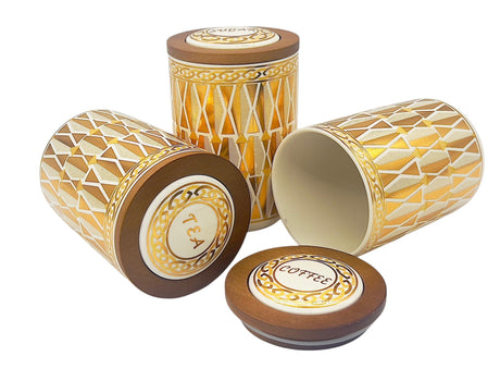 AKDC Ceramic Set of 3 Canister 1 Liter * 3 with a Wooden Lid, White and Golden triangle Design - Al Kabayel Discount CentreAKDC Ceramic Set of 3 Canister 1 Liter * 3 with a Wooden Lid, White and Golden triangle DesignJars & Food SaversAKDCAl Kabayel Discount Centre