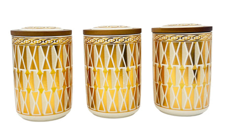 AKDC Ceramic Set of 3 Canister 1 Liter * 3 with a Wooden Lid, White and Golden triangle Design - Al Kabayel Discount CentreAKDC Ceramic Set of 3 Canister 1 Liter * 3 with a Wooden Lid, White and Golden triangle DesignJars & Food SaversAKDCAl Kabayel Discount Centre