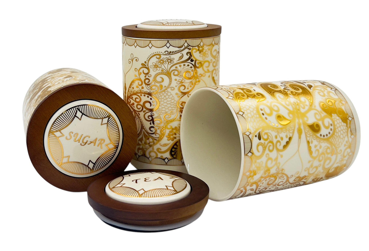 AKDC Ceramic Set of 3 Canister 1 Liter * 3 with Wooden Lid, White and Golden Floral Design - Al Kabayel Discount CentreAKDC Ceramic Set of 3 Canister 1 Liter * 3 with Wooden Lid, White and Golden Floral DesignJars & Food SaversAKDCAl Kabayel Discount Centre