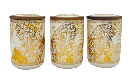 AKDC Ceramic Set of 3 Canister 1 Liter * 3 with Wooden Lid, White and Golden Floral Design - Al Kabayel Discount CentreAKDC Ceramic Set of 3 Canister 1 Liter * 3 with Wooden Lid, White and Golden Floral DesignJars & Food SaversAKDCAl Kabayel Discount Centre