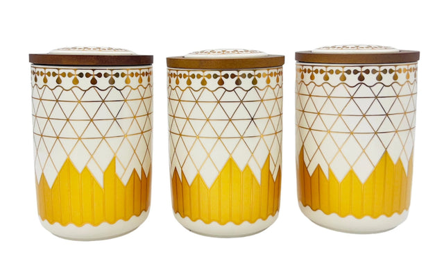 AKDC Ceramic Set of 3 Canister 1 Liter * 3 with Wooden Lid, White and Golden Line Design - Al Kabayel Discount CentreAKDC Ceramic Set of 3 Canister 1 Liter * 3 with Wooden Lid, White and Golden Line DesignJars & Food SaversAKDCAl Kabayel Discount Centre