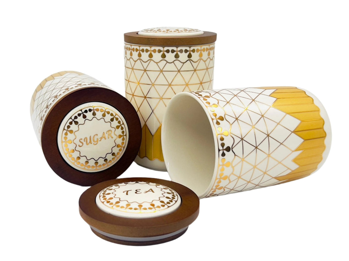AKDC Ceramic Set of 3 Canister 1 Liter * 3 with Wooden Lid, White and Golden Line Design - Al Kabayel Discount CentreAKDC Ceramic Set of 3 Canister 1 Liter * 3 with Wooden Lid, White and Golden Line DesignJars & Food SaversAKDCAl Kabayel Discount Centre