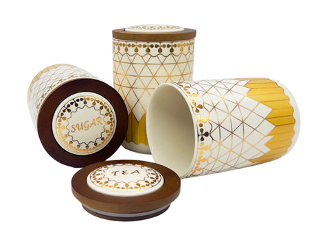 AKDC Ceramic Set of 3 Canister 1 Liter * 3 with Wooden Lid, White and Golden Line Design - Al Kabayel Discount CentreAKDC Ceramic Set of 3 Canister 1 Liter * 3 with Wooden Lid, White and Golden Line DesignJars & Food SaversAKDCAl Kabayel Discount Centre