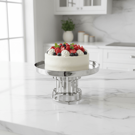 AKDC Classic Footed Stainless Steel Cake Stand – Elegant Dessert Display for Home & Events – 20 × 13 cm - Al Kabayel Discount CentreAKDC Classic Footed Stainless Steel Cake Stand – Elegant Dessert Display for Home & Events – 20 × 13 cmServing TraysAKDCAl Kabayel Discount Centre