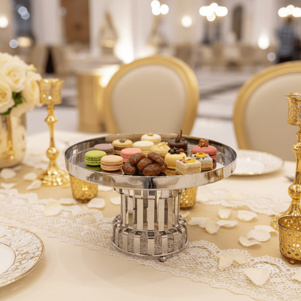 AKDC Classic Footed Stainless Steel Cake Stand – Premium Elevated Cake & Pastry Display – 26 × 16 cm - Al Kabayel Discount CentreAKDC Classic Footed Stainless Steel Cake Stand – Premium Elevated Cake & Pastry Display – 26 × 16 cmServing TraysAKDCAl Kabayel Discount Centre