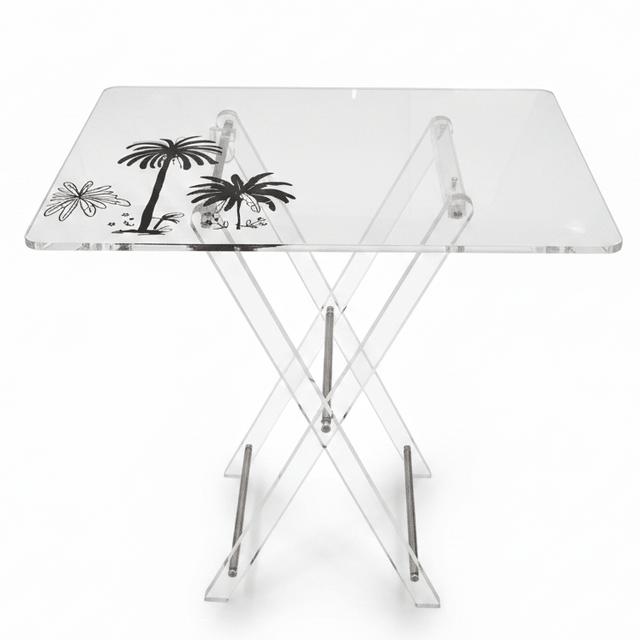 AKDC Clear Acrylic Folding Table Set with Black Palm Tree Print Design Decorative 4 - Piece Living Room Furniture 50x40x47 cm - Al Kabayel Discount CentreAKDC Clear Acrylic Folding Table Set with Black Palm Tree Print Design Decorative 4 - Piece Living Room Furniture 50x40x47 cmOrganizers & AccessoriesAKDCAl Kabayel Discount Centre