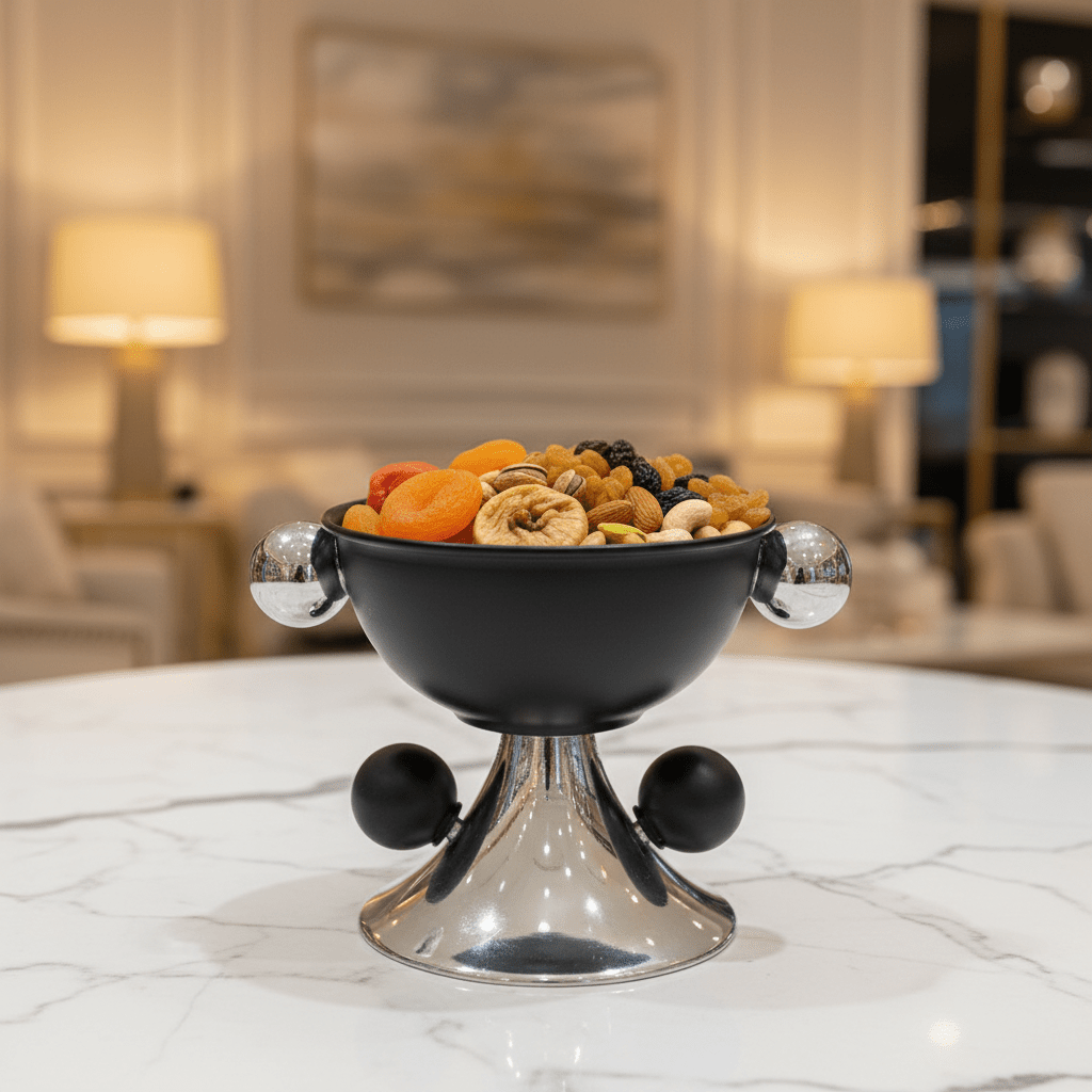 AKDC Compact Black and Silver Metal Footed Candy Bowl with Sleek Design for Everyday Use – 12×12 cm - Al Kabayel Discount CentreAKDC Compact Black and Silver Metal Footed Candy Bowl with Sleek Design for Everyday Use – 12×12 cmBowlsAKDCAl Kabayel Discount Centre
