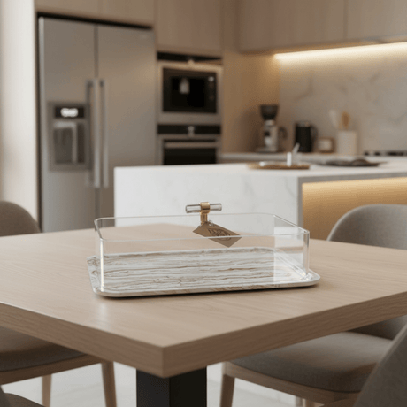 AKDC Compact Rectangular Cake Serving Tray with Acrylic Lid – White Plaster of Paris Base with Gold Finish (26 × 18 cm) - Al Kabayel Discount CentreAKDC Compact Rectangular Cake Serving Tray with Acrylic Lid – White Plaster of Paris Base with Gold Finish (26 × 18 cm)Serving TraysAKDCAl Kabayel Discount Centre