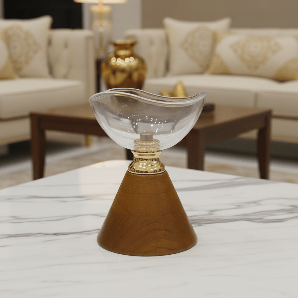 AKDC Compact Wooden Footed Glass Fruit Bowl – Decorative Table Piece for Small Spaces – 15x12 cm - Al Kabayel Discount CentreAKDC Compact Wooden Footed Glass Fruit Bowl – Decorative Table Piece for Small Spaces – 15x12 cmBowlsAKDCAl Kabayel Discount Centre