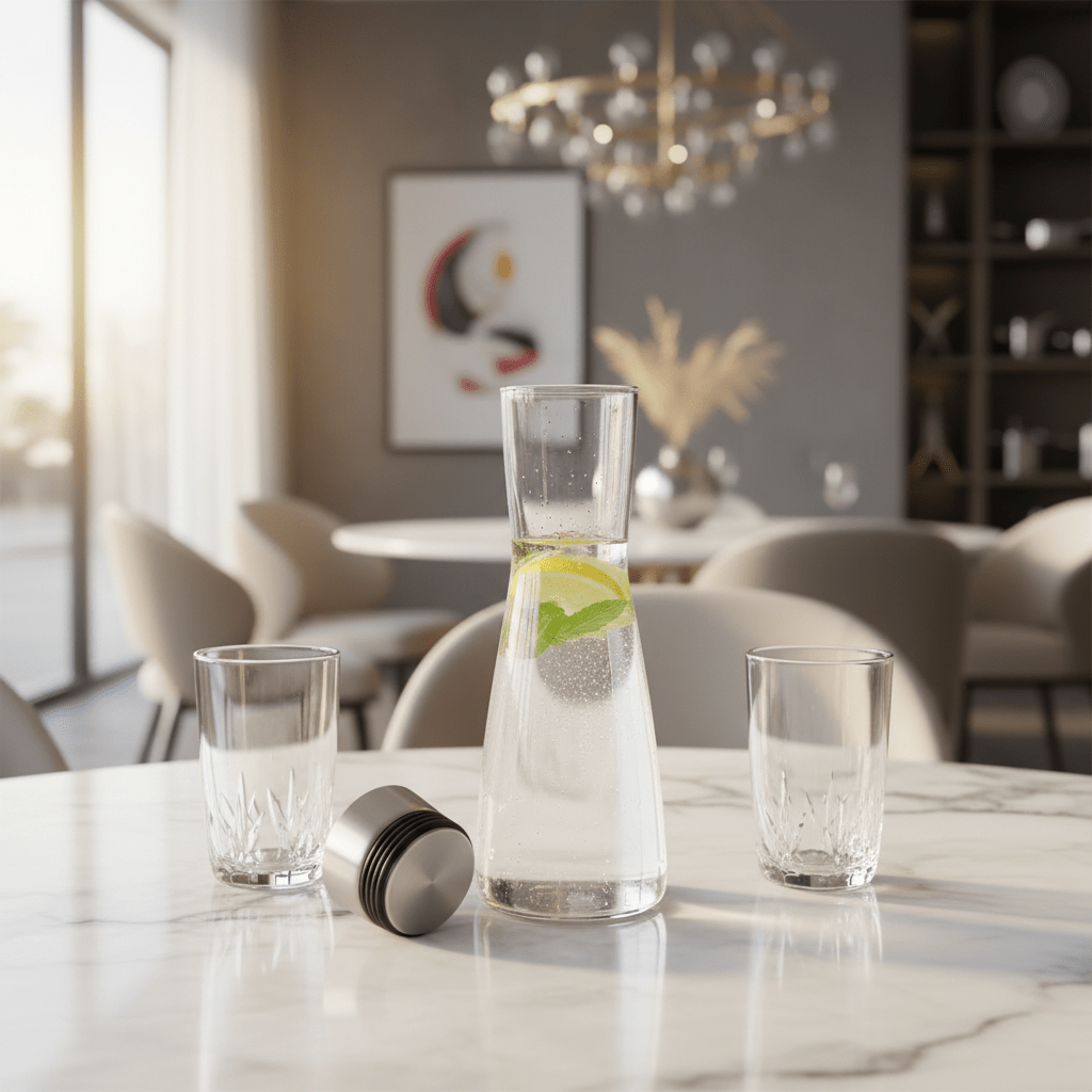 AKDC Crystal - Clear Glass Carafe Bottle with Stainless Steel Stopper — Elegant Hourglass Design, 1 Litre - Al Kabayel Discount CentreAKDC Crystal - Clear Glass Carafe Bottle with Stainless Steel Stopper — Elegant Hourglass Design, 1 LitreJugsAKDCAl Kabayel Discount Centre