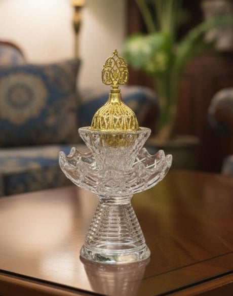 AKDC Crystal Incense Burner 15cm with Gold Touch – Elegant Decorative Burner for Home, Office & Prayer Space, Premium Crystal Aroma Holder for Fragrance & Style - Al Kabayel Discount CentreAKDC Crystal Incense Burner 15cm with Gold Touch – Elegant Decorative Burner for Home, Office & Prayer Space, Premium Crystal Aroma Holder for Fragrance & StyleHome Décor AccentsAKDCAl Kabayel Discount Centre