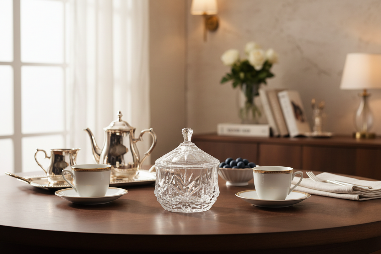 AKDC Crystal Sugar Pot with Lid 250ml, Clear & Transparrent