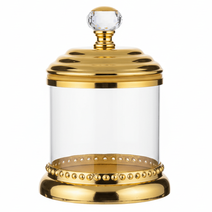 AKDC Cylindrical Glass Sugar Pot with Golden Lid & Base – Luxury Table Storage Container for Sugar Candy & Dry Foods – 22x12 cm - Al Kabayel Discount CentreAKDC Cylindrical Glass Sugar Pot with Golden Lid & Base – Luxury Table Storage Container for Sugar Candy & Dry Foods – 22x12 cmJars & Food SaversAKDCAl Kabayel Discount Centre