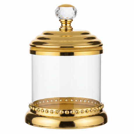 AKDC Cylindrical Glass Sugar Pot with Golden Lid & Base – Luxury Table Storage Container for Sugar Candy & Dry Foods – 22x12 cm - Al Kabayel Discount CentreAKDC Cylindrical Glass Sugar Pot with Golden Lid & Base – Luxury Table Storage Container for Sugar Candy & Dry Foods – 22x12 cmJars & Food SaversAKDCAl Kabayel Discount Centre