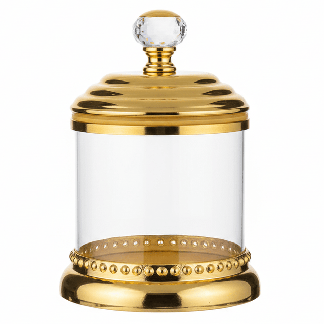 AKDC Cylindrical Glass Sugar Pot with Golden Lid & Base – Luxury Table Storage Container for Sugar Candy & Dry Foods – 22x12 cm - Al Kabayel Discount CentreAKDC Cylindrical Glass Sugar Pot with Golden Lid & Base – Luxury Table Storage Container for Sugar Candy & Dry Foods – 22x12 cmJars & Food SaversAKDCAl Kabayel Discount Centre
