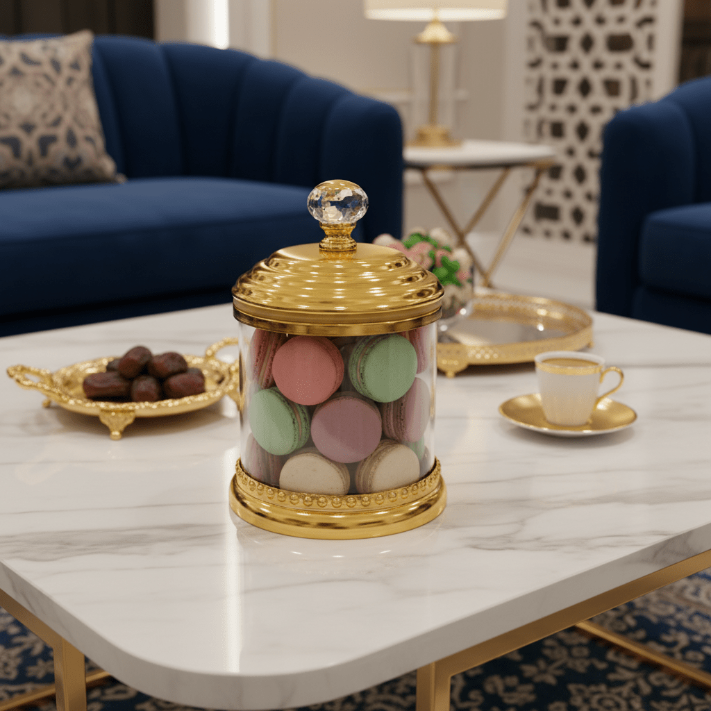 AKDC Cylindrical Glass Sugar Pot with Golden Lid & Base – Luxury Table Storage Container for Sugar Candy & Dry Foods – 22x12 cm - Al Kabayel Discount CentreAKDC Cylindrical Glass Sugar Pot with Golden Lid & Base – Luxury Table Storage Container for Sugar Candy & Dry Foods – 22x12 cmJars & Food SaversAKDCAl Kabayel Discount Centre