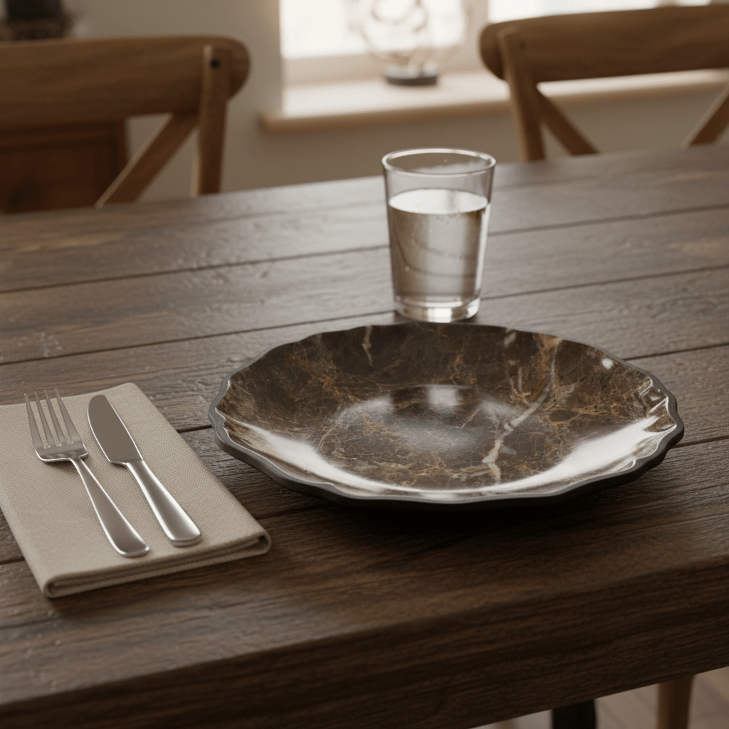 AKDC Dark Brown Melamine Dinner Plate with Black Rim, Durable Round Dining Plate for Everyday Use – 11 Inch - Al Kabayel Discount CentreAKDC Dark Brown Melamine Dinner Plate with Black Rim, Durable Round Dining Plate for Everyday Use – 11 InchPlatesAKDCAl Kabayel Discount Centre