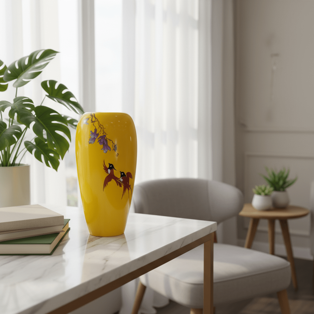 AKDC Decorative Fibre Flower Vase – Bright Yellow Finish with Artistic Birds Design, 26 cm - Al Kabayel Discount CentreAKDC Decorative Fibre Flower Vase – Bright Yellow Finish with Artistic Birds Design, 26 cmFlower/Plant PotsAKDCAl Kabayel Discount Centre