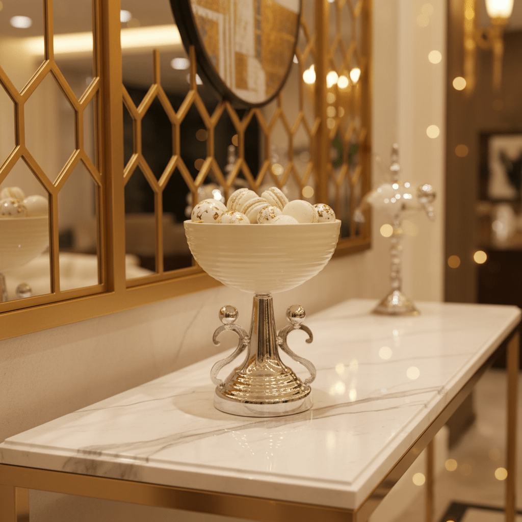 AKDC Decorative Silver & Cream Footed Candy Bowl – Elegant Raised Serving Dish for Desserts & Dry Fruits – Luxury Table Accent – 30x15 cm - Al Kabayel Discount CentreAKDC Decorative Silver & Cream Footed Candy Bowl – Elegant Raised Serving Dish for Desserts & Dry Fruits – Luxury Table Accent – 30x15 cmBowlsAKDCAl Kabayel Discount Centre