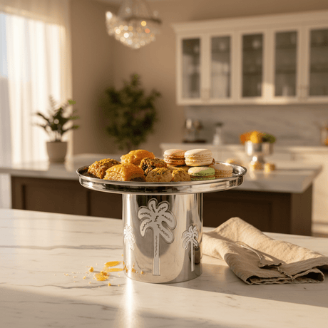 AKDC Decorative Stainless Steel Cake Stand with Palm Tree Design Base – Tropical Style Dessert Display – 26 × 16 cm - Al Kabayel Discount CentreAKDC Decorative Stainless Steel Cake Stand with Palm Tree Design Base – Tropical Style Dessert Display – 26 × 16 cmServing TraysAKDCAl Kabayel Discount Centre