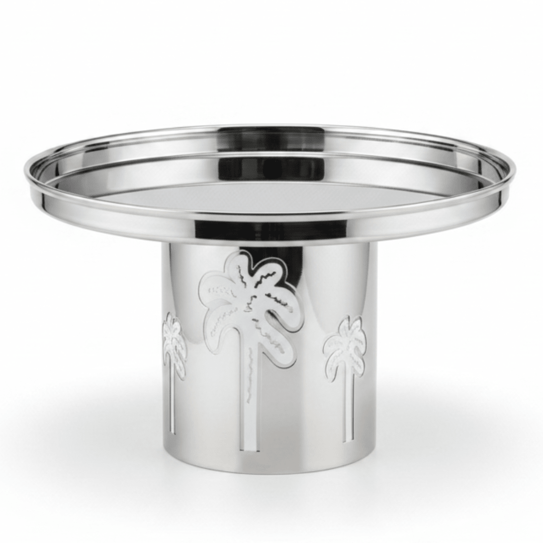 AKDC Decorative Stainless Steel Cake Stand with Palm Tree Design Base – Tropical Style Dessert Display – 26 × 16 cm - Al Kabayel Discount CentreAKDC Decorative Stainless Steel Cake Stand with Palm Tree Design Base – Tropical Style Dessert Display – 26 × 16 cmServing TraysAKDCAl Kabayel Discount Centre