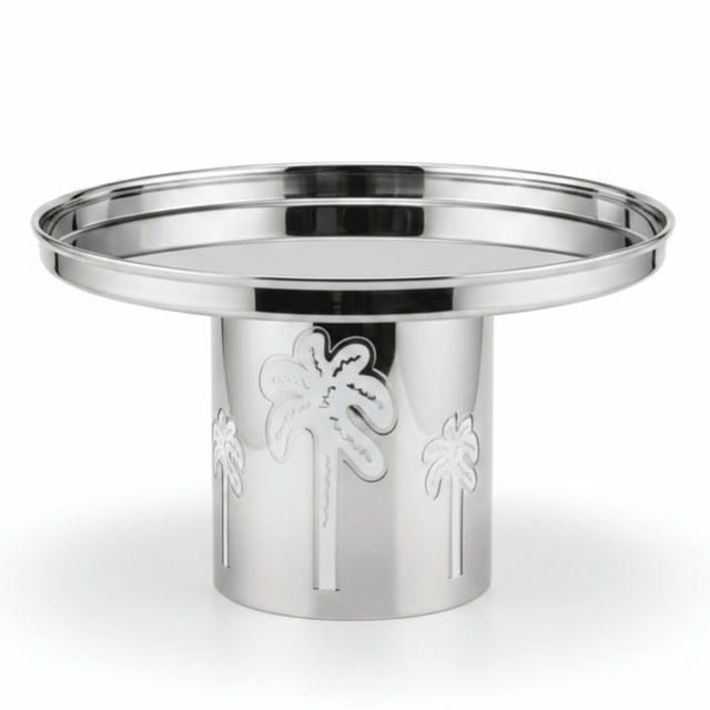 AKDC Decorative Stainless Steel Cake Stand with Palm Tree Design Base – Tropical Style Dessert Display – 26 × 16 cm - Al Kabayel Discount CentreAKDC Decorative Stainless Steel Cake Stand with Palm Tree Design Base – Tropical Style Dessert Display – 26 × 16 cmServing TraysAKDCAl Kabayel Discount Centre