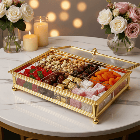 AKDC Deluxe 6 - Compartment Candy & Snacks Tray with Golden Border and Lid – Party Serving Organizer 35×25 cm - Al Kabayel Discount CentreAKDC Deluxe 6 - Compartment Candy & Snacks Tray with Golden Border and Lid – Party Serving Organizer 35×25 cmServing TraysAKDCAl Kabayel Discount Centre
