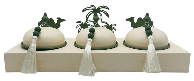AKDC Desert Oasis Metal 3pcs Candy Bowls with Tray 39cm*14.5cm*14cm, Ivory/Green - Al Kabayel Discount CentreAKDC Desert Oasis Metal 3pcs Candy Bowls with Tray 39cm*14.5cm*14cm, Ivory/GreenBowlsAKDCAl Kabayel Discount Centre