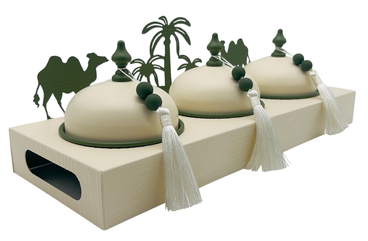 AKDC Desert Oasis Metal 3pcs Candy Bowls with Tray 39cm*14.5cm*14cm, Ivory/Green - Al Kabayel Discount CentreAKDC Desert Oasis Metal 3pcs Candy Bowls with Tray 39cm*14.5cm*14cm, Ivory/GreenBowlsAKDCAl Kabayel Discount Centre