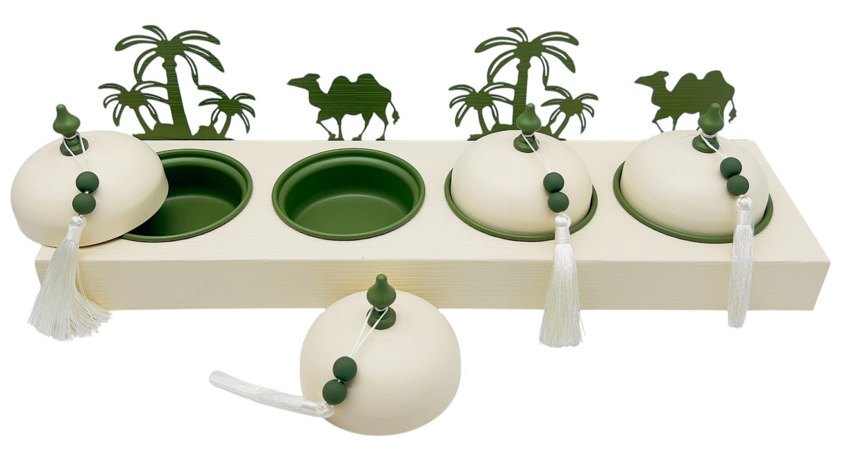 AKDC Desert Oasis Metal 4pcs Candy Bowls with Tray 51cm*14.5cm*14cm, Ivory/Green - Al Kabayel Discount CentreAKDC Desert Oasis Metal 4pcs Candy Bowls with Tray 51cm*14.5cm*14cm, Ivory/GreenBowlsAKDCAl Kabayel Discount Centre