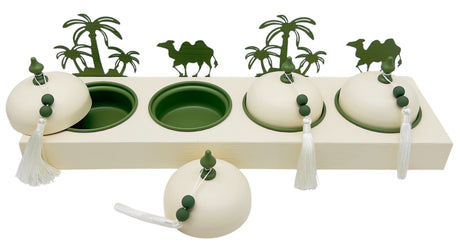 AKDC Desert Oasis Metal 4pcs Candy Bowls with Tray 51cm*14.5cm*14cm, Ivory/Green - Al Kabayel Discount CentreAKDC Desert Oasis Metal 4pcs Candy Bowls with Tray 51cm*14.5cm*14cm, Ivory/GreenBowlsAKDCAl Kabayel Discount Centre