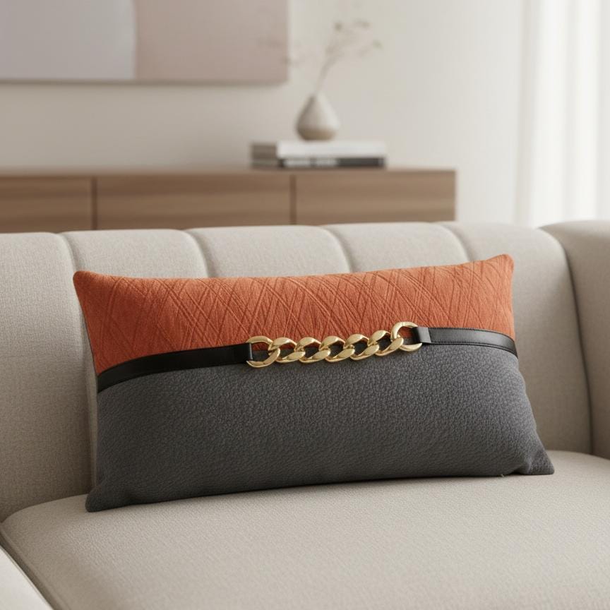 AKDC Designer Accent Lumbar Cushion with Gold Chain Center Detail – Gray & Orange Cotton, 30×50 cm - Al Kabayel Discount CentreAKDC Designer Accent Lumbar Cushion with Gold Chain Center Detail – Gray & Orange Cotton, 30×50 cmFloor Pillows & CushionsAKDCAl Kabayel Discount Centre