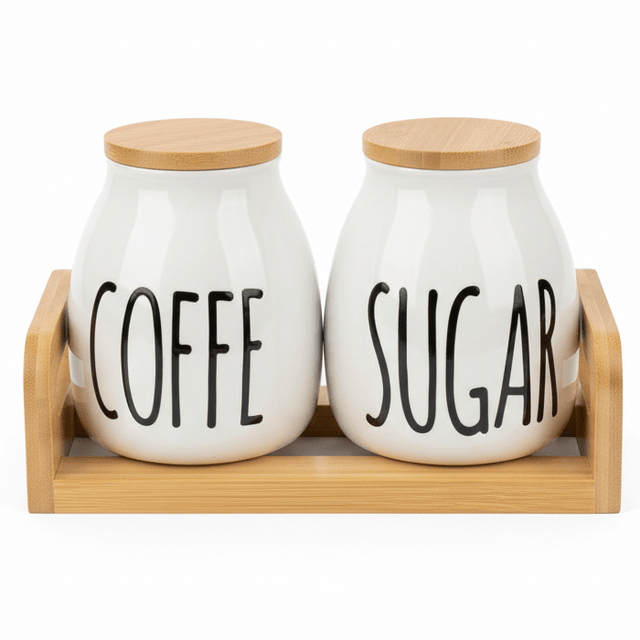 AKDC DuoStore 2 - Piece White Ceramic Canister Set with Wooden Base & Lid Compact Kitchen Storage 23×10cm - Al Kabayel Discount CentreAKDC DuoStore 2 - Piece White Ceramic Canister Set with Wooden Base & Lid Compact Kitchen Storage 23×10cmJars & Food SaversAKDCAl Kabayel Discount Centre