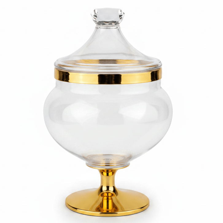 AKDC Elegant Acrylic Footed Candy Jar with Decorative Gold Pattern and Lid Clear Serving Container 16 × 12 cm - Al Kabayel Discount CentreAKDC Elegant Acrylic Footed Candy Jar with Decorative Gold Pattern and Lid Clear Serving Container 16 × 12 cmJars & Food SaversAKDCAl Kabayel Discount Centre