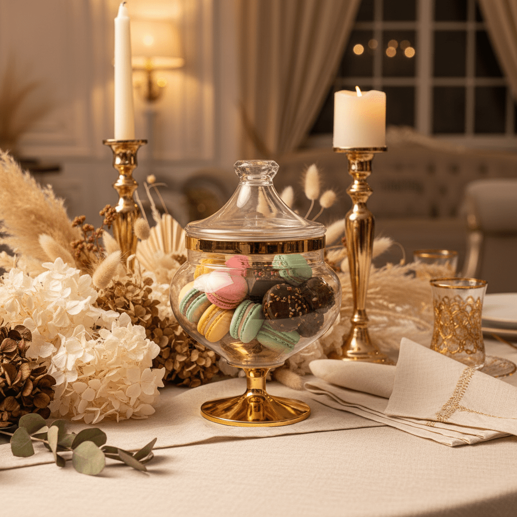 AKDC Elegant Acrylic Footed Candy Jar with Decorative Gold Pattern and Lid Clear Serving Container 16 × 12 cm - Al Kabayel Discount CentreAKDC Elegant Acrylic Footed Candy Jar with Decorative Gold Pattern and Lid Clear Serving Container 16 × 12 cmJars & Food SaversAKDCAl Kabayel Discount Centre
