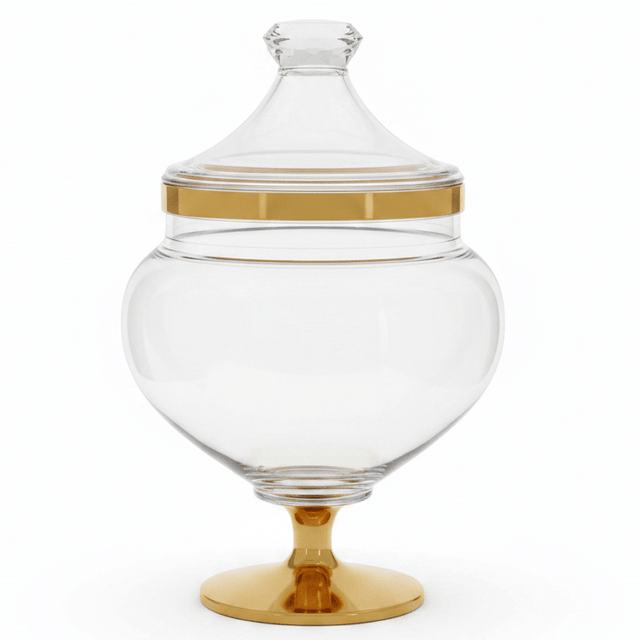 AKDC Elegant Acrylic Footed Candy Jar with Decorative Gold Pattern and Lid Clear Serving Container 18 × 12 cm - Al Kabayel Discount CentreAKDC Elegant Acrylic Footed Candy Jar with Decorative Gold Pattern and Lid Clear Serving Container 18 × 12 cmJars & Food SaversAKDCAl Kabayel Discount Centre