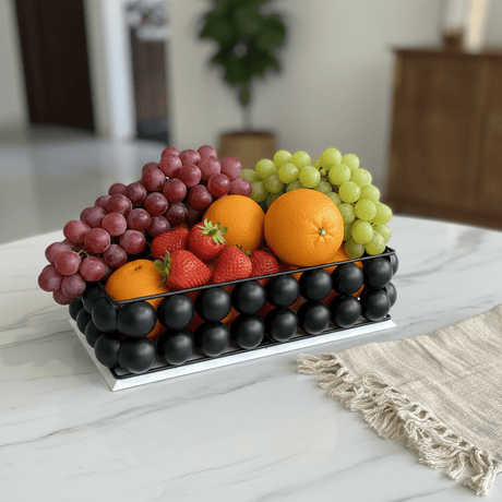 AKDC Elegant Black and White Bubble Design Metal Fruit Tray 30 x 15 cm Large Serving Tray for Fruits and Snacks - Al Kabayel Discount CentreAKDC Elegant Black and White Bubble Design Metal Fruit Tray 30 x 15 cm Large Serving Tray for Fruits and SnacksServing TraysAKDCAl Kabayel Discount Centre