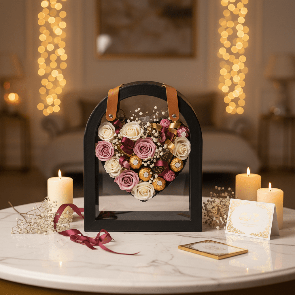 AKDC Elegant Black Arch Frame Heart Design Cardboard Gift Box with Clear Plastic Cover & Faux Leather Handles for Luxury Gift Hampers - Al Kabayel Discount CentreAKDC Elegant Black Arch Frame Heart Design Cardboard Gift Box with Clear Plastic Cover & Faux Leather Handles for Luxury Gift HampersPacking & Wrapping SuppliesAKDCAl Kabayel Discount Centre