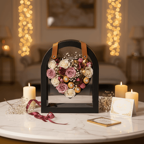 AKDC Elegant Black Arch Frame Heart Design Cardboard Gift Box with Clear Plastic Cover & Faux Leather Handles for Luxury Gift Hampers - Al Kabayel Discount CentreAKDC Elegant Black Arch Frame Heart Design Cardboard Gift Box with Clear Plastic Cover & Faux Leather Handles for Luxury Gift HampersPacking & Wrapping SuppliesAKDCAl Kabayel Discount Centre
