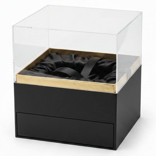 AKDC Elegant Black Square Cardboard Gift Box with Clear Lid & Ties for Luxury Gift Presentation, Hampers & Storage – 18×18×19 cm - Al Kabayel Discount CentreAKDC Elegant Black Square Cardboard Gift Box with Clear Lid & Ties for Luxury Gift Presentation, Hampers & Storage – 18×18×19 cmPacking & Wrapping SuppliesAKDCAl Kabayel Discount Centre