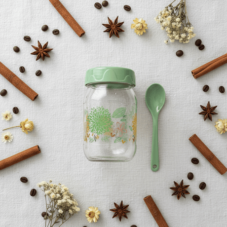 AKDC Elegant Clear Glass Storage Jar with Airtight Green Plastic Spoon & Lid for Kitchen Storage – 370 ml Capacity - Al Kabayel Discount CentreAKDC Elegant Clear Glass Storage Jar with Airtight Green Plastic Spoon & Lid for Kitchen Storage – 370 ml CapacityJars & Food SaversAKDCAl Kabayel Discount Centre