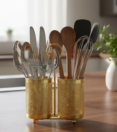 AKDC Elegant Cutlery Holder with Handle in Luxurious Gold Finish, Stylish Organizer for Dining & Kitchen Setup - Al Kabayel Discount CentreAKDC Elegant Cutlery Holder with Handle in Luxurious Gold Finish, Stylish Organizer for Dining & Kitchen SetupOrganizers & AccessoriesAKDCAl Kabayel Discount Centre