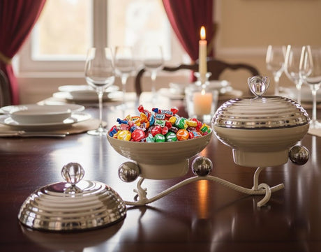 AKDC Elegant Dual Serving Candy Bowl with Lid and Stand 30cm*14cm*20cm, Ivory/Silver - Al Kabayel Discount CentreAKDC Elegant Dual Serving Candy Bowl with Lid and Stand 30cm*14cm*20cm, Ivory/SilverCandy ServersAKDCAl Kabayel Discount Centre
