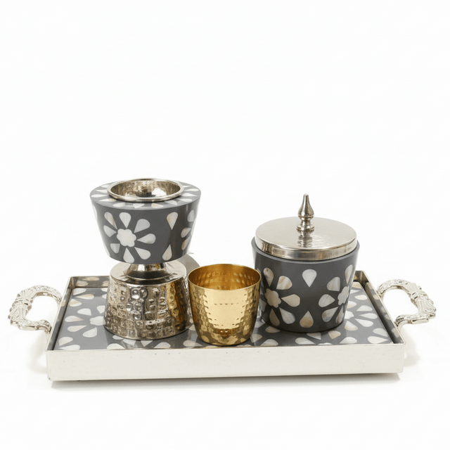 AKDC Elegant Floral Arabesque Silver & Grey Enamel Metal Incense Burner Gift Set with Hammered Tray — 35×16 cm - Al Kabayel Discount CentreAKDC Elegant Floral Arabesque Silver & Grey Enamel Metal Incense Burner Gift Set with Hammered Tray — 35×16 cmWooden Incense BurnerAKDCAl Kabayel Discount Centre