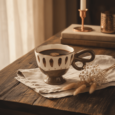 AKDC Elegant Footed White Ceramic Mug with Taupe Loop Handle, Unique Raised Base Design 250ml - Al Kabayel Discount CentreAKDC Elegant Footed White Ceramic Mug with Taupe Loop Handle, Unique Raised Base Design 250mlTea CupsAKDCAl Kabayel Discount Centre