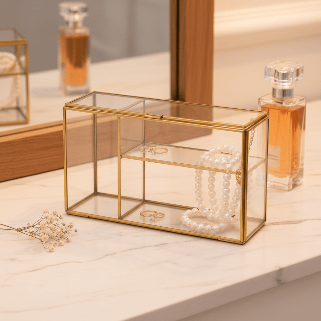 AKDC Elegant Golden - Bordered Glass Organizer Box | 25×15cm Luxury Vanity Keepsake & Jewelry Display Case - Al Kabayel Discount CentreAKDC Elegant Golden - Bordered Glass Organizer Box | 25×15cm Luxury Vanity Keepsake & Jewelry Display CaseJars & Food SaversAKDCAl Kabayel Discount Centre