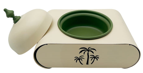 AKDC Elegant Palm Metal Candy Bowl with Stand 18.5cm*13cm*13.5cm, Ivory/Green - Al Kabayel Discount CentreAKDC Elegant Palm Metal Candy Bowl with Stand 18.5cm*13cm*13.5cm, Ivory/GreenBowlsAKDCAl Kabayel Discount Centre