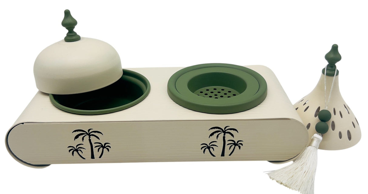 AKDC Elegant Palm Metal Incense Burner Set 30cm*13cm*17.5cm, Ivory/Green - Al Kabayel Discount CentreAKDC Elegant Palm Metal Incense Burner Set 30cm*13cm*17.5cm, Ivory/GreenHome Décor AccentsAKDCAl Kabayel Discount Centre