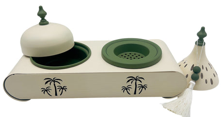 AKDC Elegant Palm Metal Incense Burner Set 30cm*13cm*17.5cm, Ivory/Green - Al Kabayel Discount CentreAKDC Elegant Palm Metal Incense Burner Set 30cm*13cm*17.5cm, Ivory/GreenHome Décor AccentsAKDCAl Kabayel Discount Centre